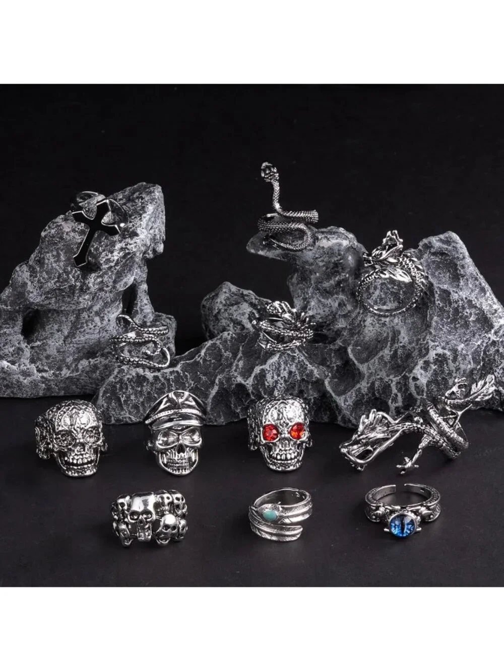 Vintage Punk Gothic Biker Rings Set - 16-24 Pcs Adjustable Skeleton Skull